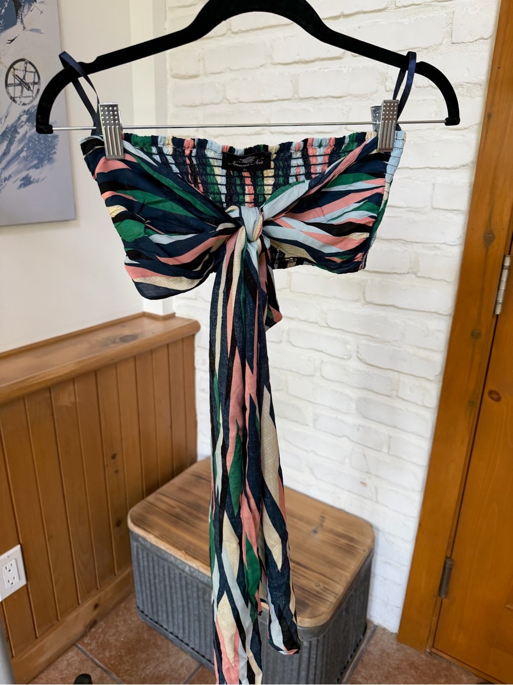 Nouveau Noir Multi-Way Smocked Abstract Stripe Bandeau Beach Top Size M